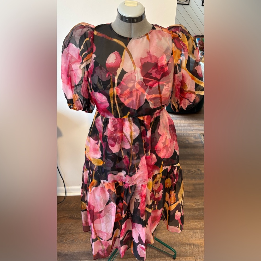 Anthropologie Pink and Black Floral Puff-Sleeve Midi Dress